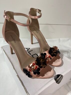 Aldo Blush Pink Floral Embellished Ankle-Strap Heels